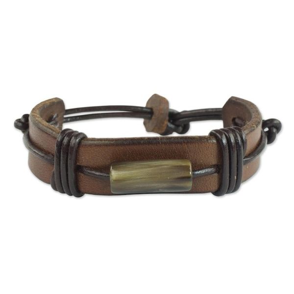 Alternate image for Mens Brown Leather Wristband Bracelet from Ghana Bound Strength in Brown
