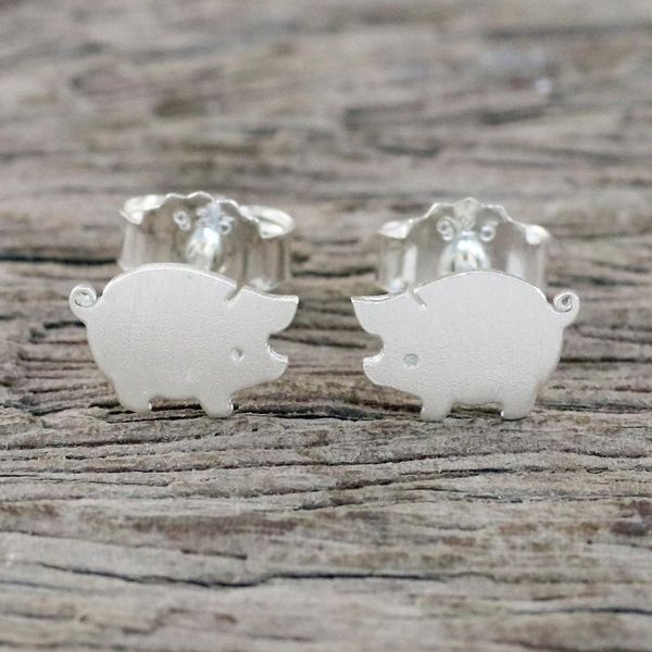 Alternate image for Sterling Silver Hand Crafted Pig Shaped Stud Earrings Whimsical