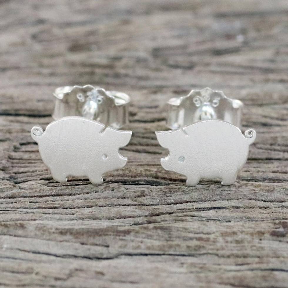 Sterling Silver Hand Crafted Pig Shaped Stud Earrings 'Whimsical'