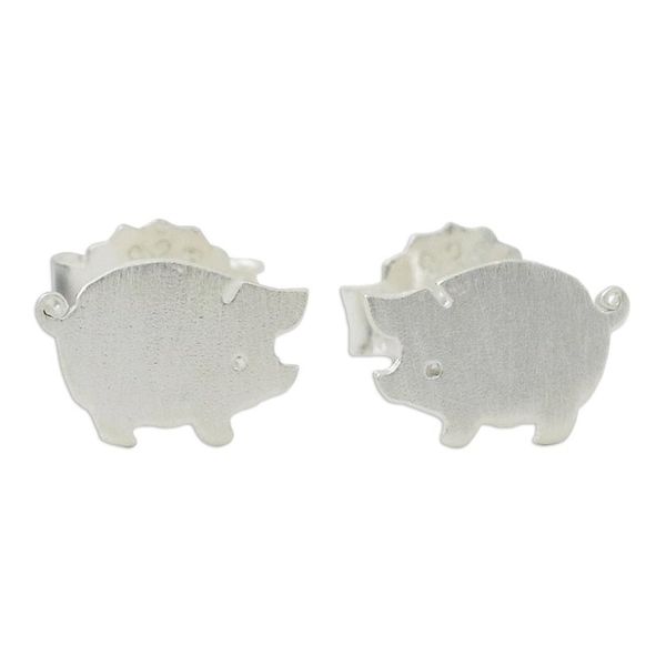 Alternate image for Sterling Silver Hand Crafted Pig Shaped Stud Earrings Whimsical