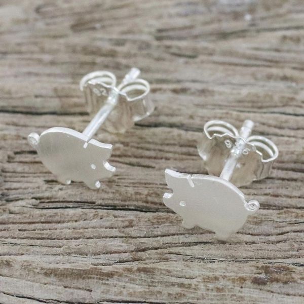 Alternate image for Sterling Silver Hand Crafted Pig Shaped Stud Earrings Whimsical