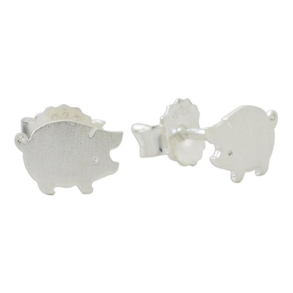 Alternate image for Sterling Silver Hand Crafted Pig Shaped Stud Earrings Whimsical