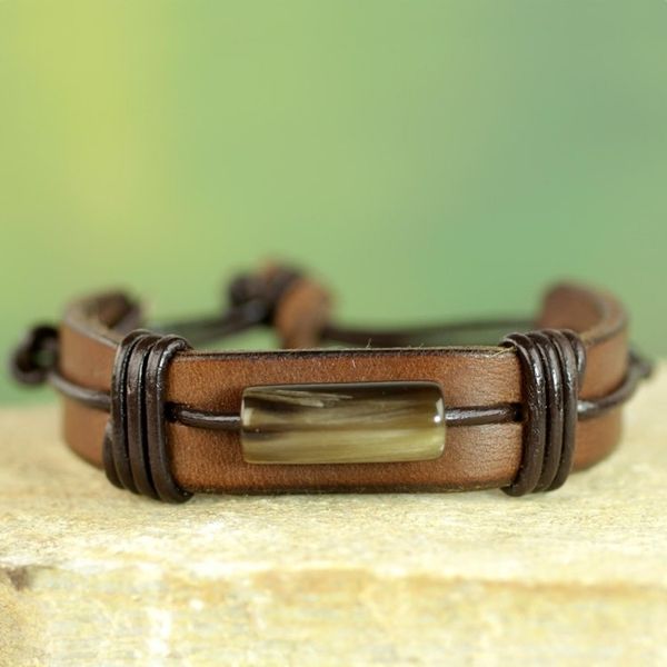 Alternate image for Mens Brown Leather Wristband Bracelet from Ghana Bound Strength in Brown