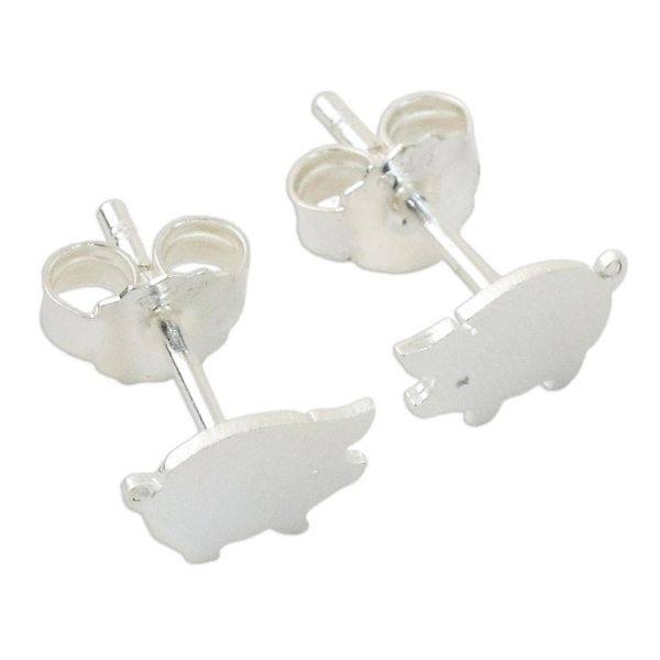 Alternate image for Sterling Silver Hand Crafted Pig Shaped Stud Earrings Whimsical