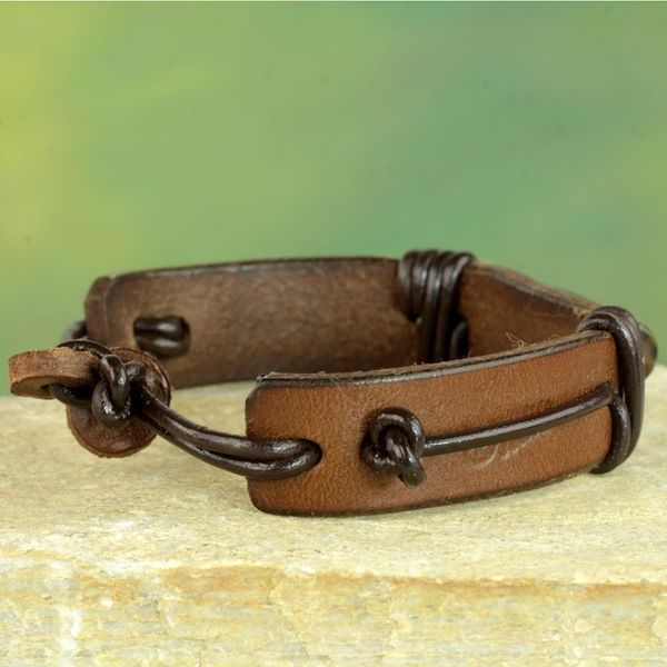 Alternate image for Mens Brown Leather Wristband Bracelet from Ghana Bound Strength in Brown