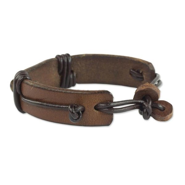 Alternate image for Mens Brown Leather Wristband Bracelet from Ghana Bound Strength in Brown