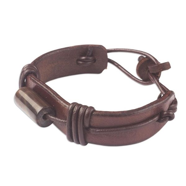 Alternate image for Mens Brown Leather Wristband Bracelet from Ghana Bound Strength in Brown