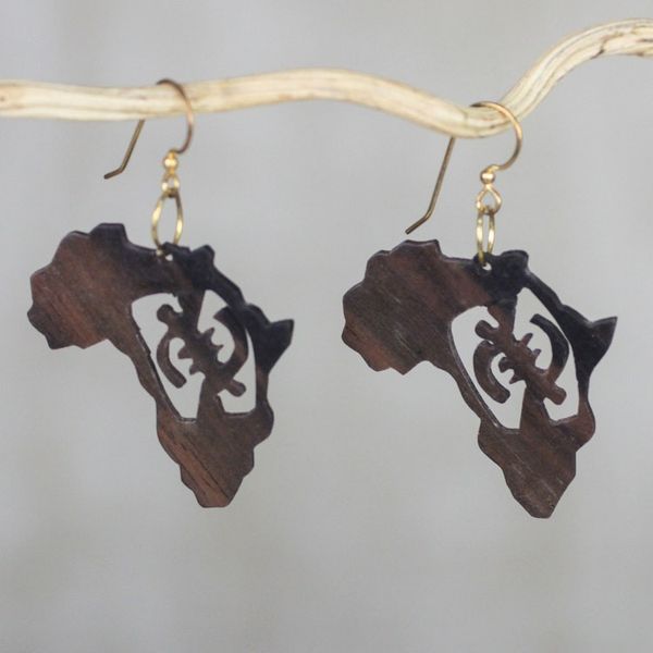 Alternate image for Handmade Ebony Wood Africa Map Dangle Earrings from Ghana Adinkra Africa