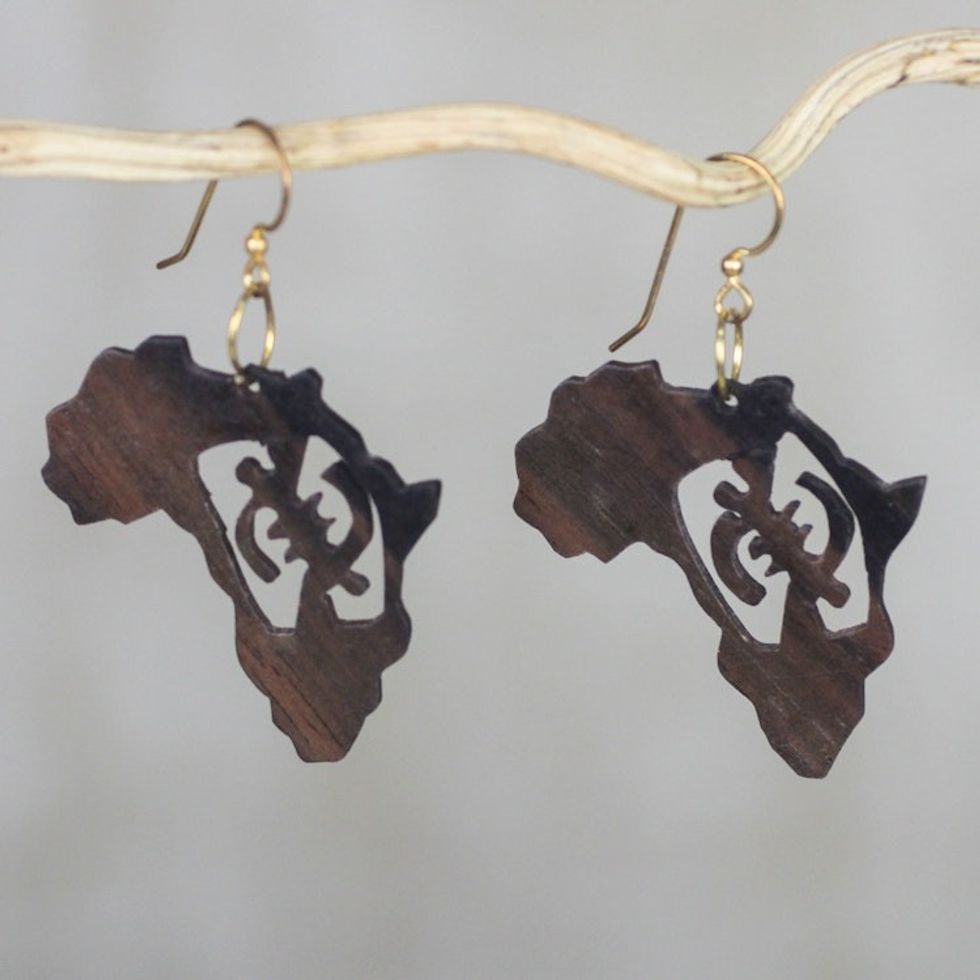 Handmade Ebony Wood Africa Map Dangle Earrings from Ghana 'Adinkra Africa'