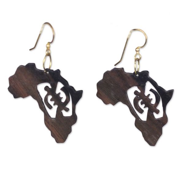 Alternate image for Handmade Ebony Wood Africa Map Dangle Earrings from Ghana Adinkra Africa