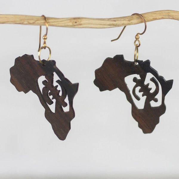 Alternate image for Handmade Ebony Wood Africa Map Dangle Earrings from Ghana Adinkra Africa