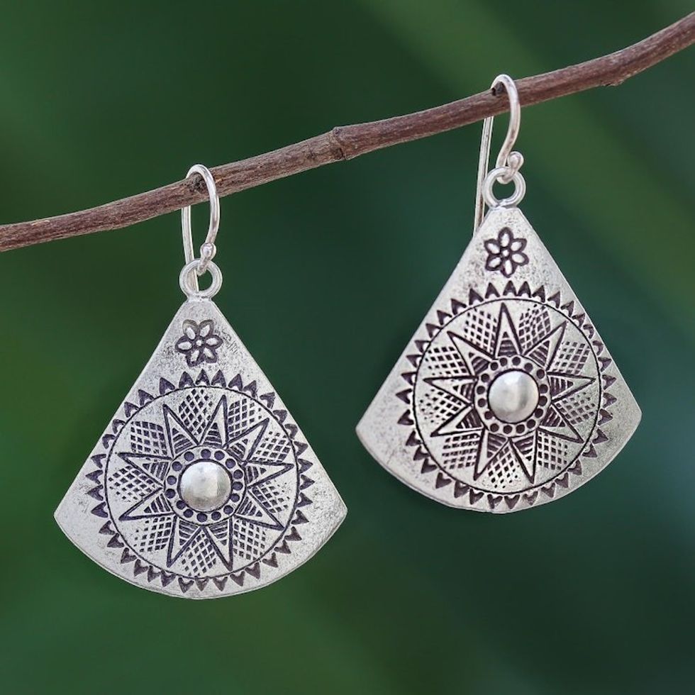 Fan-Shaped Sterling Silver Dangle Earrings from Thailand 'Starry Fans'