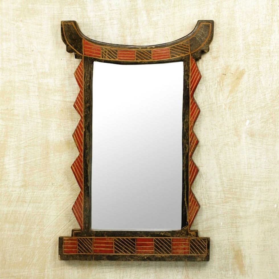 Handcrafted Wood Wall Mirror in Black and Red from Ghana 'Ghanaian Throne'
