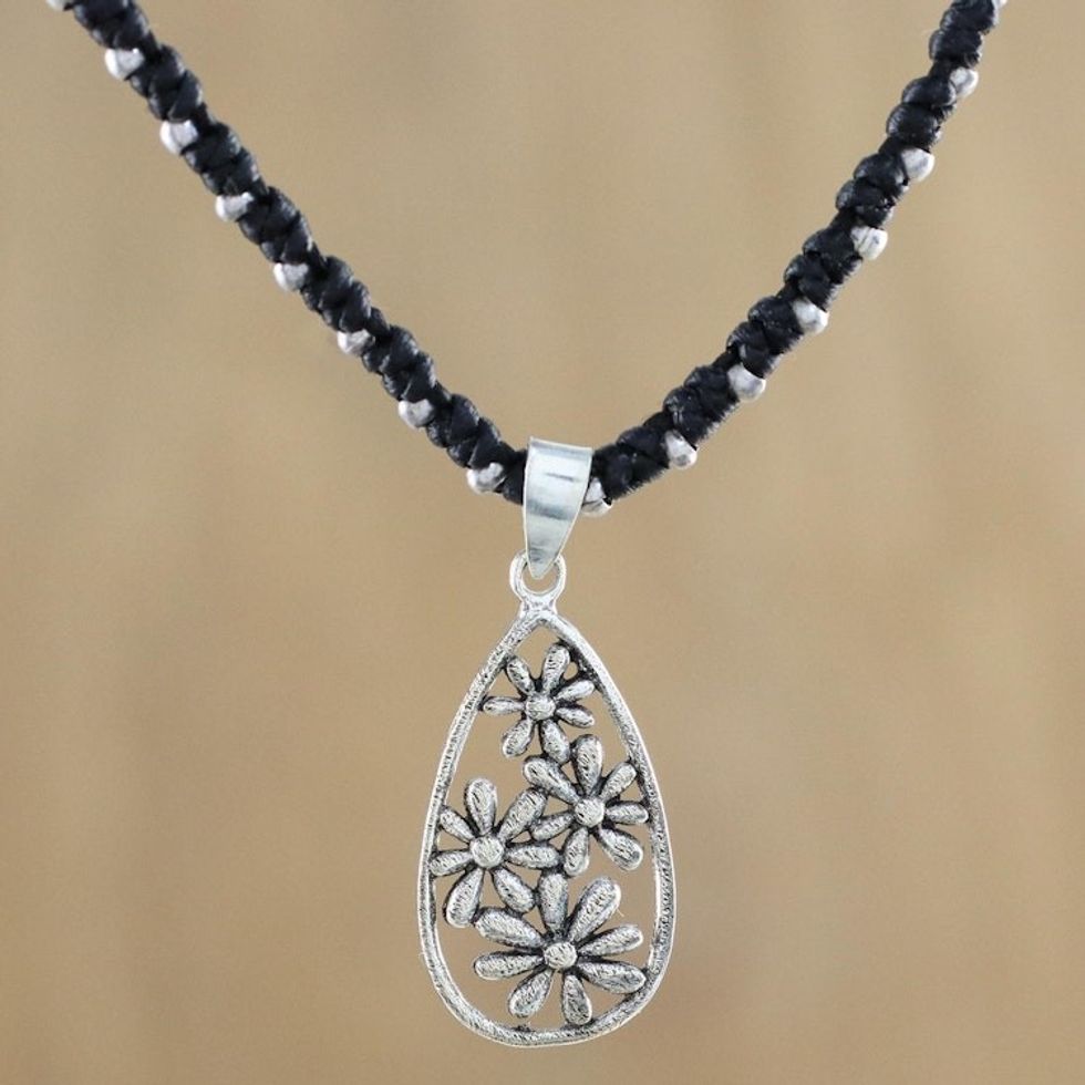 Floral Hill Tribe Silver Pendant Necklace from Thailand 'Floral Hill Tribe Drop'