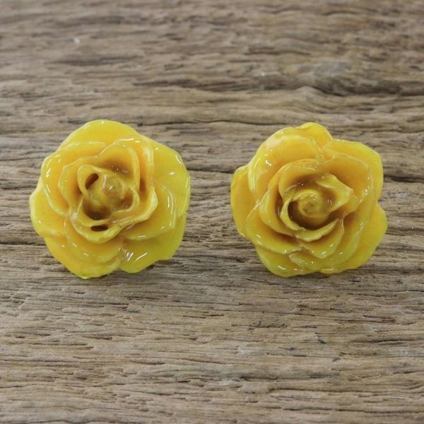 Alternate image for Natural Rose Button Earrings in Yellow from Thailand Flowering Passion in Yellow