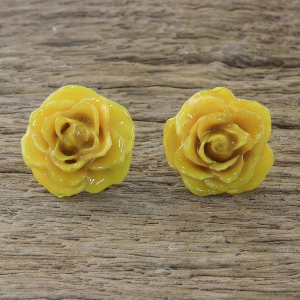 Natural Rose Button Earrings in Yellow from Thailand 'Flowering Passion in Yellow'