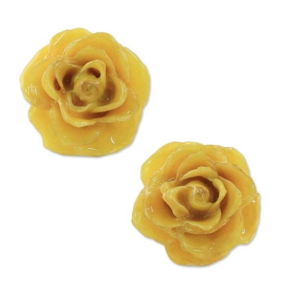 Alternate image for Natural Rose Button Earrings in Yellow from Thailand Flowering Passion in Yellow