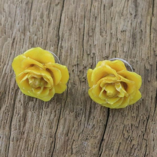 Alternate image for Natural Rose Button Earrings in Yellow from Thailand Flowering Passion in Yellow