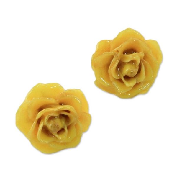 Alternate image for Natural Rose Button Earrings in Yellow from Thailand Flowering Passion in Yellow