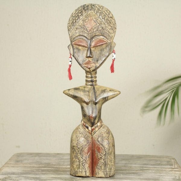 Alternate image for Ewe Tribe Woman African Wood Sculpture with Aluminum Detugbi
