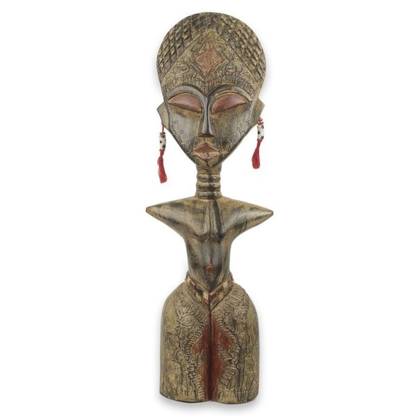 Alternate image for Ewe Tribe Woman African Wood Sculpture with Aluminum Detugbi