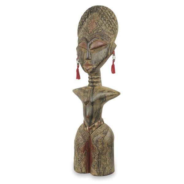 Alternate image for Ewe Tribe Woman African Wood Sculpture with Aluminum Detugbi