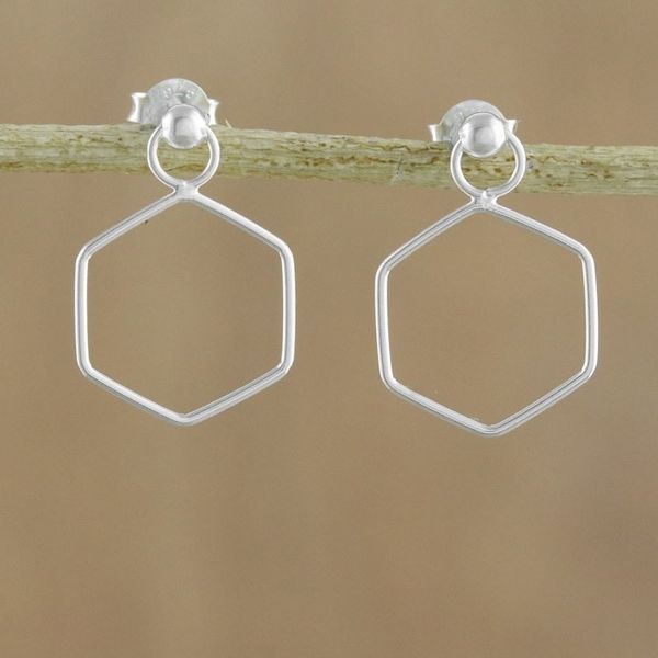 Alternate image for 925 Sterling Silver Hexagon Shaped Frame Earrings Elegant Hexagon