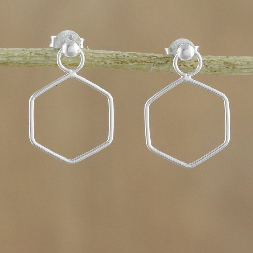 925 Sterling Silver Hexagon Shaped Frame Earrings 'Elegant Hexagon'