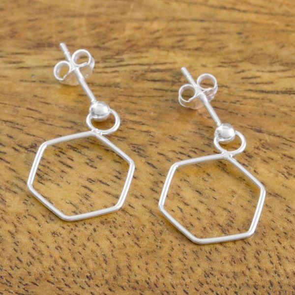 Alternate image for 925 Sterling Silver Hexagon Shaped Frame Earrings Elegant Hexagon