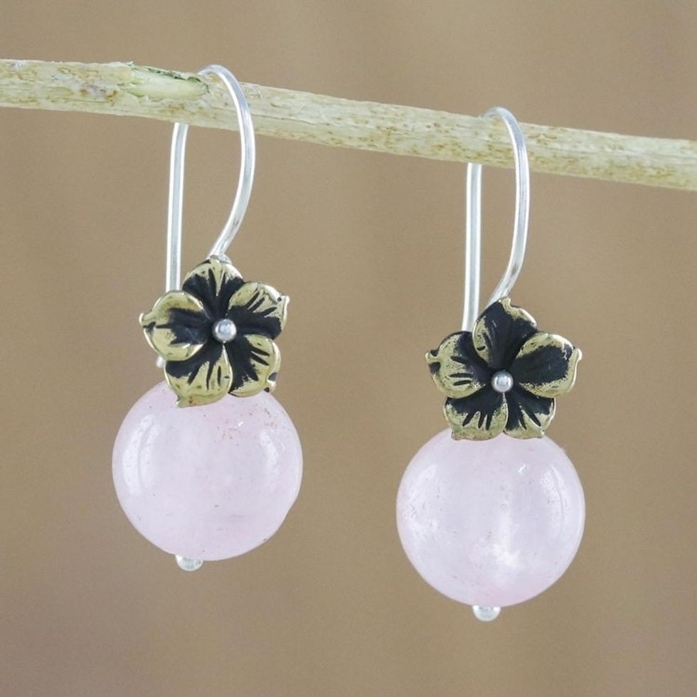 Hand Crafted Rose Quartz Dangle Earrings with Brass Flower 'Lunar Florescence'