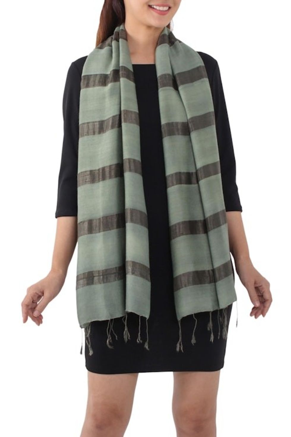 Handwoven Striped Silk Blend Scarf in Olive from Thailand 'Sound of Nature in Olive'