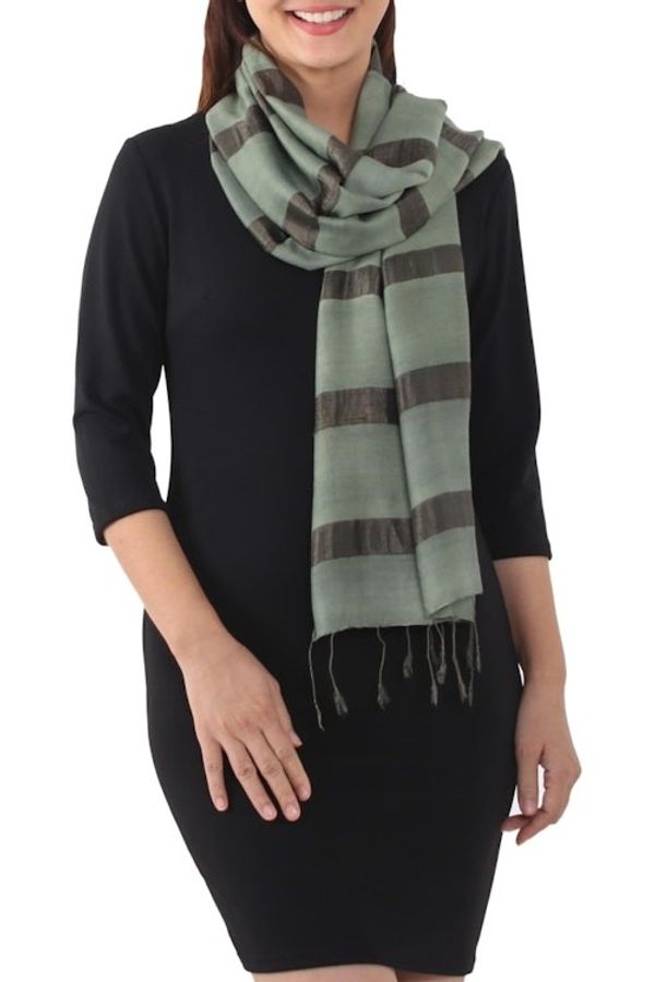 Alternate image for Handwoven Striped Silk Blend Scarf in Olive from Thailand Sound of Nature in Olive