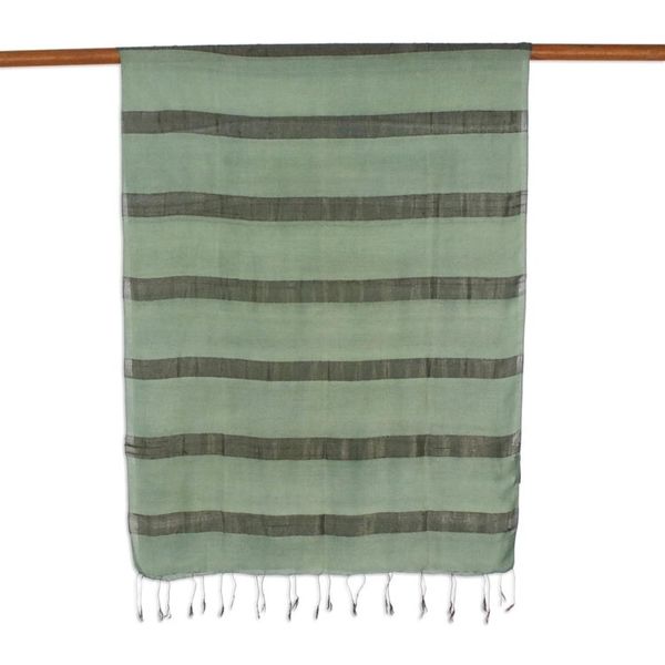 Alternate image for Handwoven Striped Silk Blend Scarf in Olive from Thailand Sound of Nature in Olive