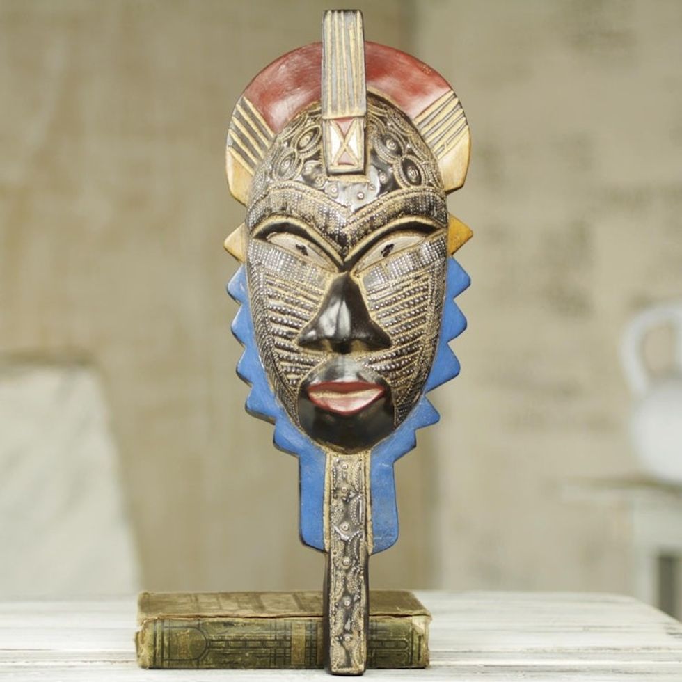 Ornate African Mask with Hand Embossed Aluminum 'Health'