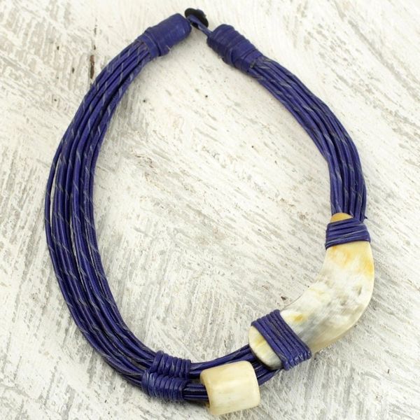 Alternate image for Horn and Bone Blue Recycled Beads Necklace African Jewelry Sougri Blue