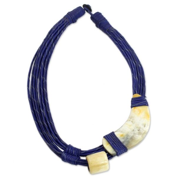 Alternate image for Horn and Bone Blue Recycled Beads Necklace African Jewelry Sougri Blue