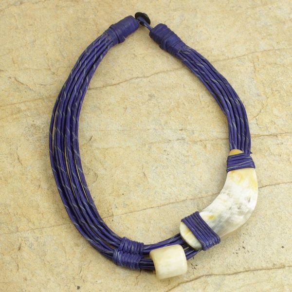 Alternate image for Horn and Bone Blue Recycled Beads Necklace African Jewelry Sougri Blue