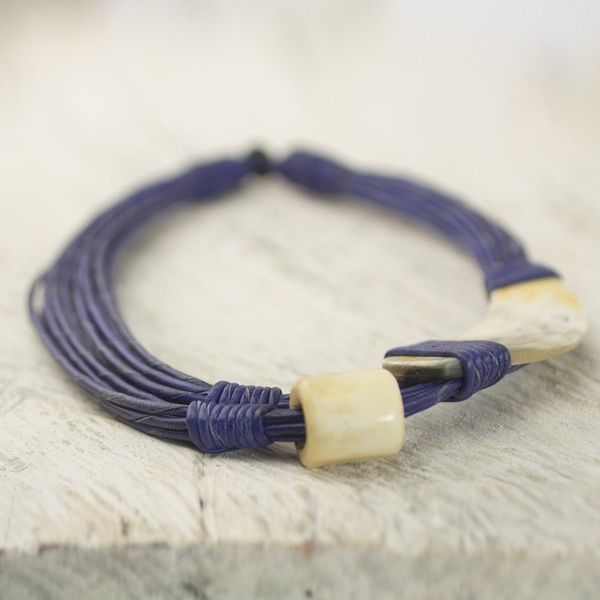 Alternate image for Horn and Bone Blue Recycled Beads Necklace African Jewelry Sougri Blue