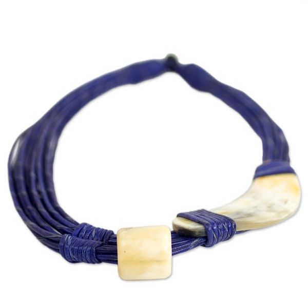 Alternate image for Horn and Bone Blue Recycled Beads Necklace African Jewelry Sougri Blue