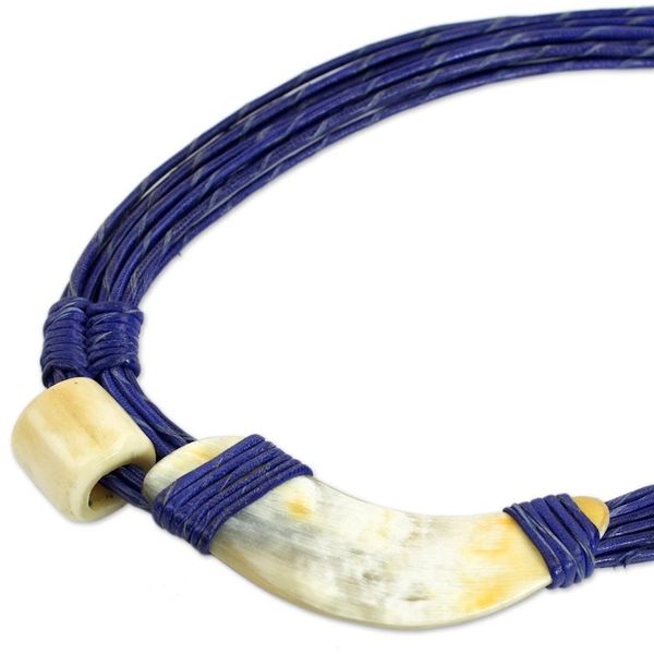 Alternate image for Horn and Bone Blue Recycled Beads Necklace African Jewelry Sougri Blue