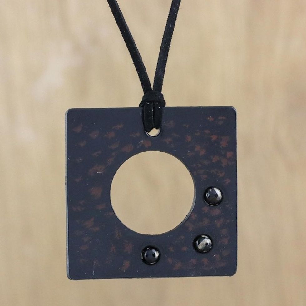 Agate and Leather Pendant Necklace in Brown from Thailand 'Lucky Square in Brown'