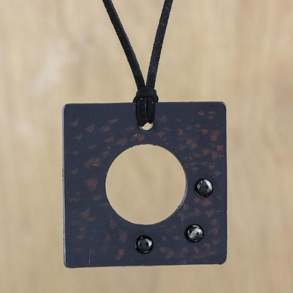 Alternate image for Agate and Leather Pendant Necklace in Brown from Thailand Lucky Square in Brown