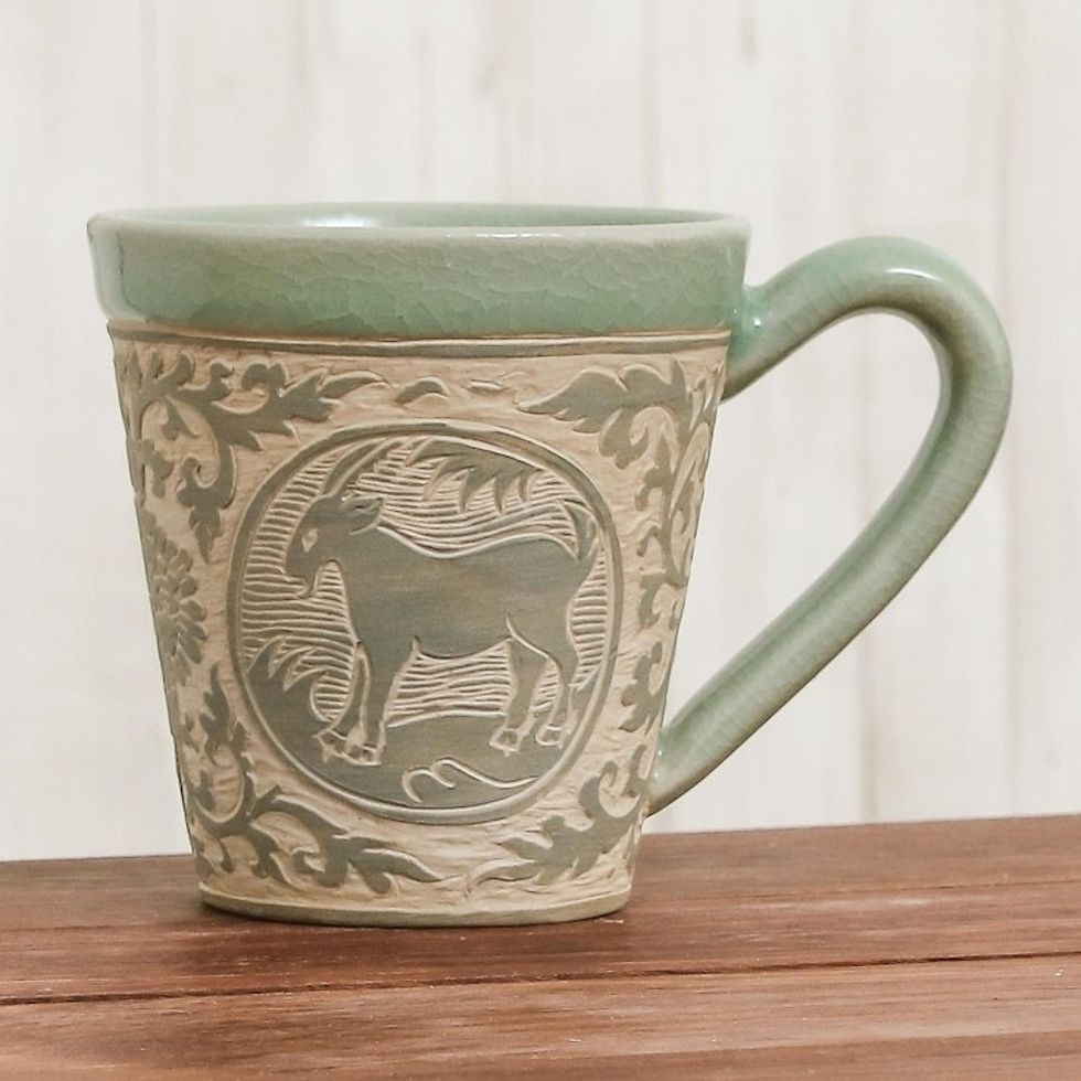 Celadon Glazed Ceramic Mug with Goat from Thailand 'Thai Zodiac Goat'