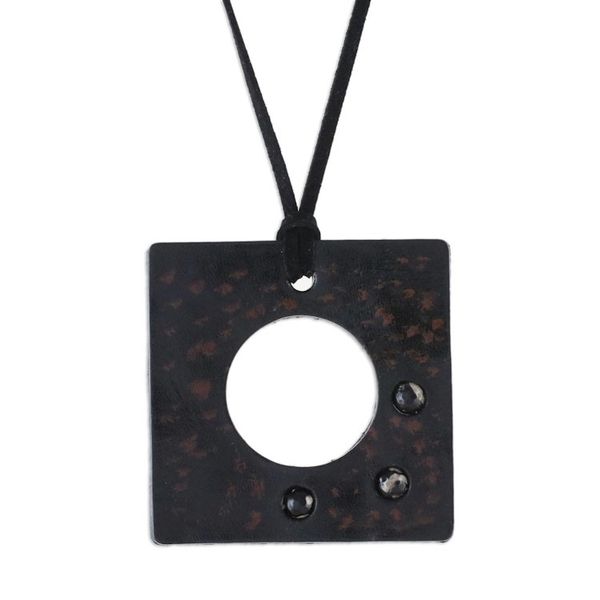 Alternate image for Agate and Leather Pendant Necklace in Brown from Thailand Lucky Square in Brown