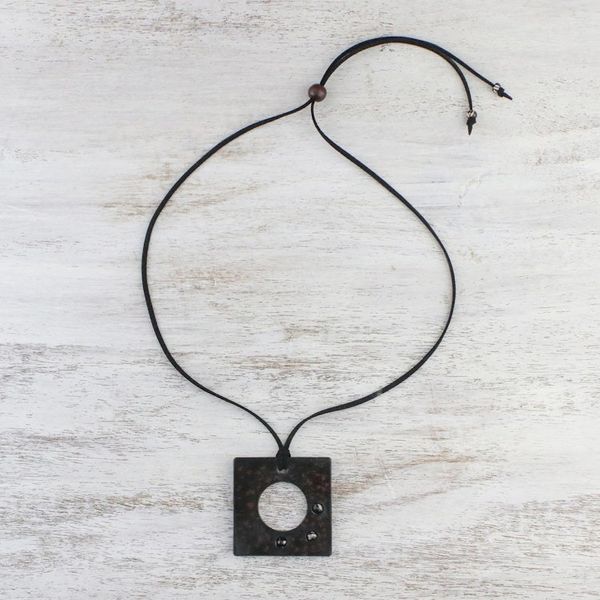 Alternate image for Agate and Leather Pendant Necklace in Brown from Thailand Lucky Square in Brown