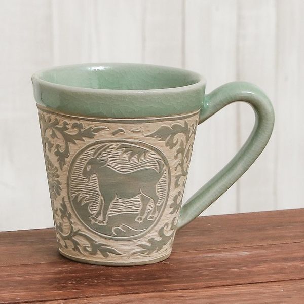 Alternate image for Celadon Glazed Ceramic Mug with Goat from Thailand Thai Zodiac Goat