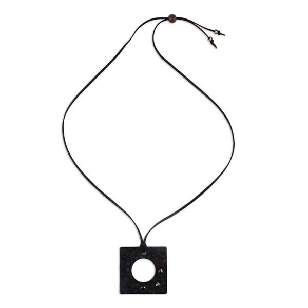 Alternate image for Agate and Leather Pendant Necklace in Brown from Thailand Lucky Square in Brown