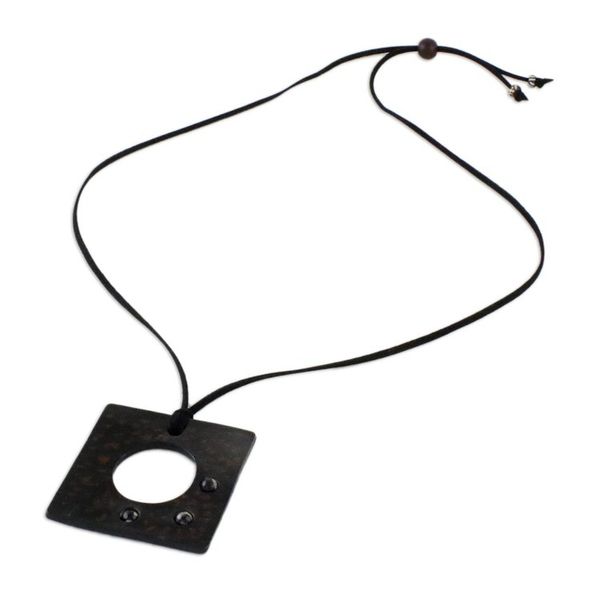 Alternate image for Agate and Leather Pendant Necklace in Brown from Thailand Lucky Square in Brown