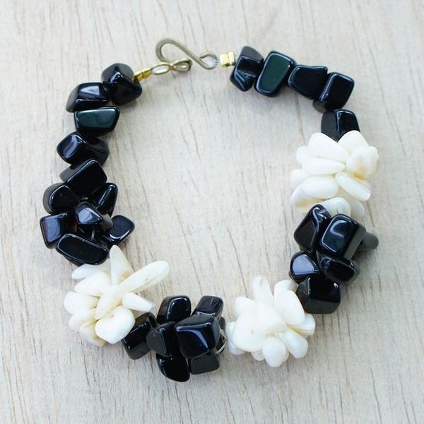 Alternate image for Black and Off-White Agate Beaded Bracelet Handmade in Ghana Magical Monochrome