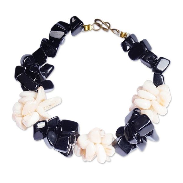 Alternate image for Black and Off-White Agate Beaded Bracelet Handmade in Ghana Magical Monochrome